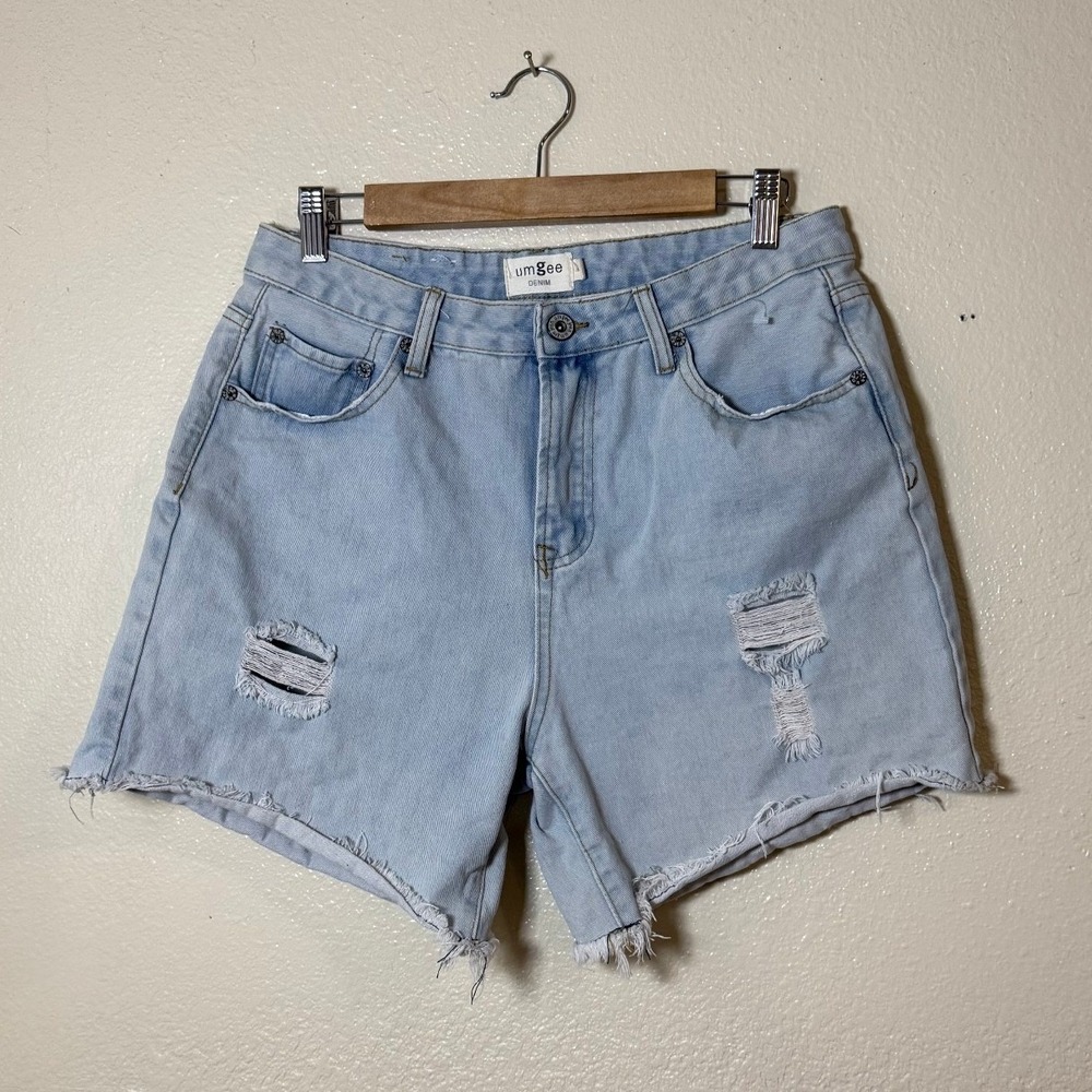 Umgee Women Denim Shorts S Light Wash Distressed Raw Hem Boho‎ Festival Core - Picture 2 of 10